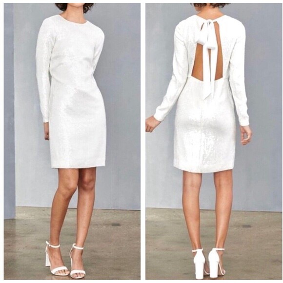 Amsale Dress Ivory White Sequin Open Back Bow Long Sleeve Sheath Mini Zip Size 6 - Picture 1 of 12